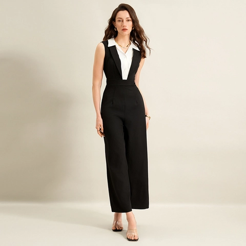 Mono Elegante Sin Mangas Para Mujer Color De Contraste Solapa Oficina Pierna Ancha Patchwork Romper Largo Ropa De Trabajo Moda