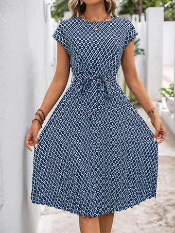 Women Elegant Geometric Print Round Neck Short Sleeve Midi Dress With Tie Waist Blue Summer Casual A-Line Pleated Dress