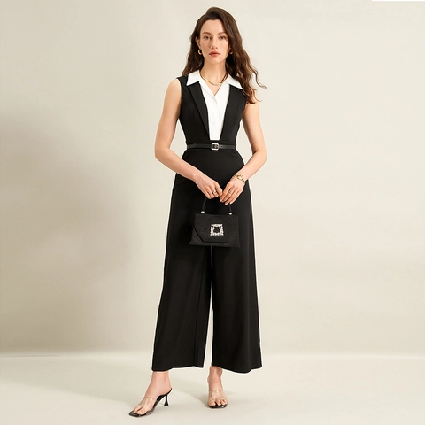 Mono Elegante Sin Mangas Para Mujer Color De Contraste Solapa Oficina Pierna Ancha Patchwork Romper Largo Ropa De Trabajo Moda