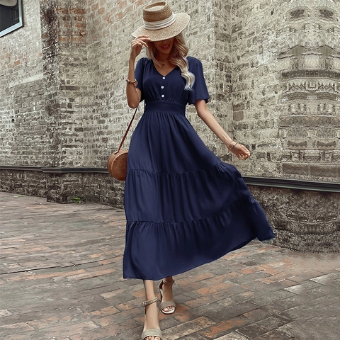Women Elegant V Neck Tiered Maxi Dress Ruffle Sleeve Smocked Waist Viscose Button Decor Summer Vacation Boho Long Dress