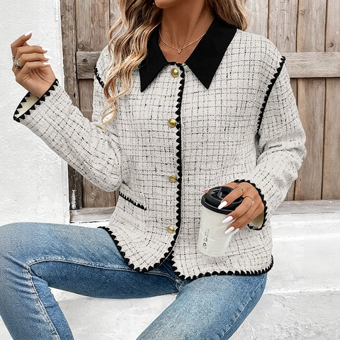 Women Elegant Tweed Jacket Contrast Lapel Gold Buttons Casual Long Sleeve Coat Outerwear For Daily Commute Party
