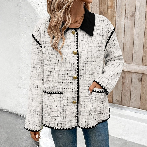 Women Elegant Tweed Jacket Contrast Lapel Gold Buttons Casual Long Sleeve Coat Outerwear For Daily Commute Party