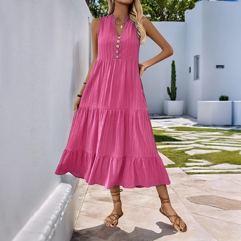 Women's Sleeveless V-Neck Tiered Maxi Dress Solid Color Crinkle Texture Summer Vacation Boho Beach Sun Dress With Buttons