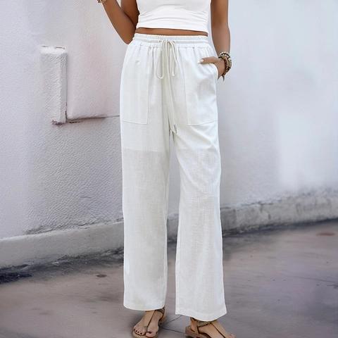 Pantaloni da Donna a Vita Alta Gamba Larga in Viscosa Cotone Coulisse Tasche Casual Larghi Dritti Estate Vacanza