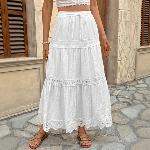 Gonna Lunga Donna Boho Bianca Patchwork Pizzo Balze Ricamo Occhiello Vita Alta Coulisse Linea a a Per Vacanza Spiaggia