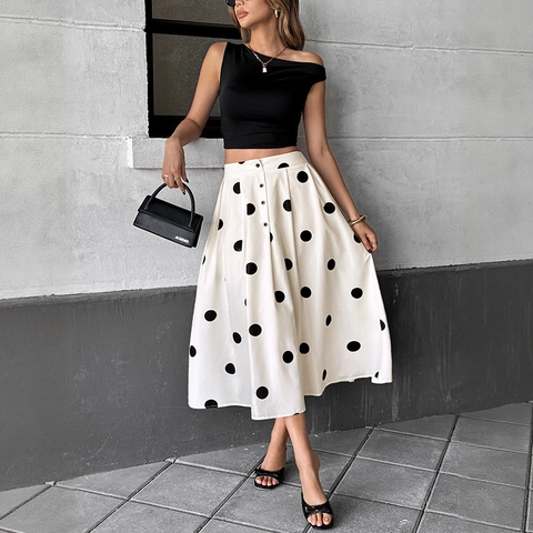 Gonna Midi Vintage a Pois per Donna a Vita Alta a Linea A con Bottoni Decorativi Elegante Gonna Estiva Casual