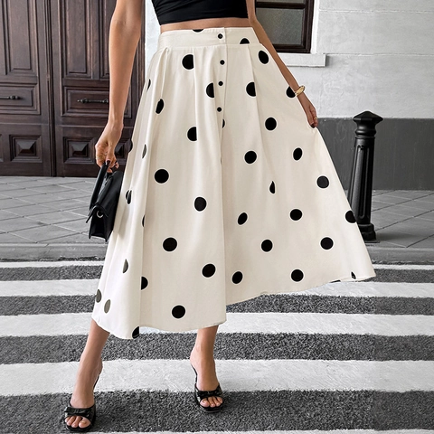 Gonna Midi Vintage a Pois per Donna a Vita Alta a Linea A con Bottoni Decorativi Elegante Gonna Estiva Casual