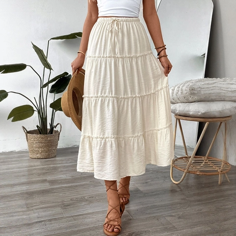 Gonna Maxi Donna Casual Bohemian Bianca a Balze Vita Alta Elastica Patchwork Strutturata Gonna a Ruota per Vacanze Estive
