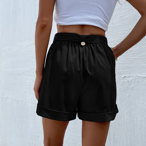 Pantalones Cortos Casuales de Cintura Alta y Pierna Ancha para Mujer Con Cinturón Color Sólido Dobladillo con Puño Pantalones Cortos de Verano