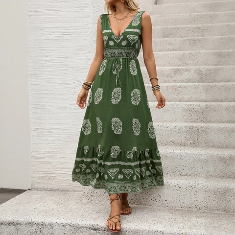 Vestido Largo Bohemio Cuello en V Sin Mangas Estampado Étnico Cintura Alta Cordón Dobladillo con Volantes Mezcla de Viscosa