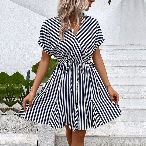 Abito a Righe Blu Navy Manica Corta Donna Estate Scollo V Cintura da Annodare Mini Abito a Camicia Stile Vacanza Elegante