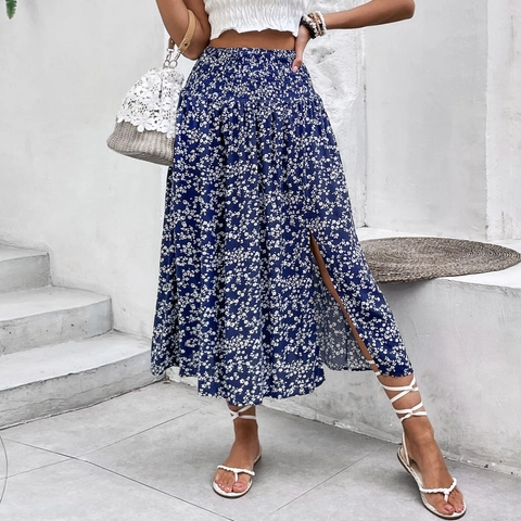 Women Floral Print Midi Skirt High Waist Smocked Viscose Split Skirt Summer Vacation Bohemian Casual A-Line Skirt