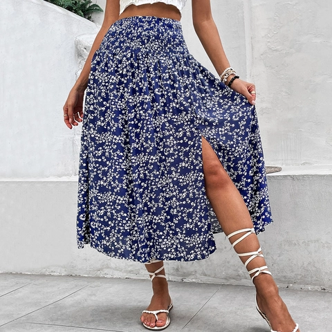 Women Floral Print Midi Skirt High Waist Smocked Viscose Split Skirt Summer Vacation Bohemian Casual A-Line Skirt