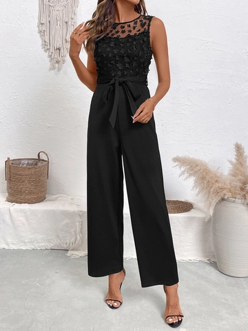 Mono Sin Mangas Con Cuello Redondo para Mujer Con Apliques Florales 3D Patchwork de Malla Cintura Alta para Fiesta