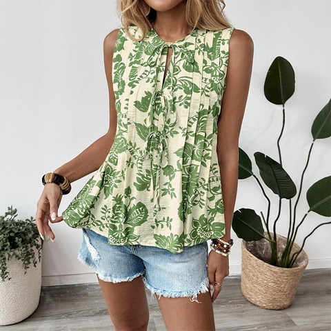 Damen Ärmellose Bluse mit Tropischem Blattmuster Boho V-Ausschnitt Schnürung Plissee Sommerurlaub Viskose Top Beige Grün