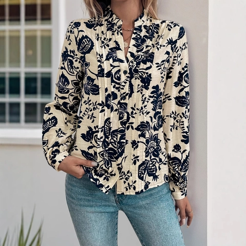 Chemisier Femme Vintage Imprimé Floral Manches Longues Col Montant Élégant Plissé Viscose Nylon Chemise Rétro Haut