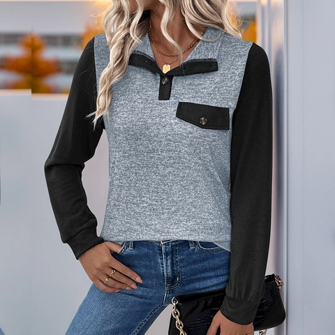 Damen Casual Langarm Farbblock Sweatshirt Knopf Revers Kontrastspleißen Oberteil Mit Brusttasche Komfort Strickhemd