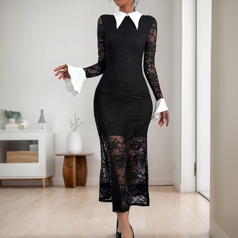 Women Elegant Contrast Color Lace Maxi Dress White Lapel Bell Sleeve Slim Fit Vintage Gothic Office Long Dress
