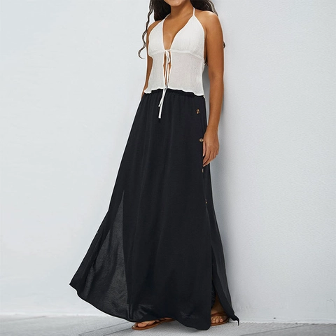Gonna Maxi Nera Tinta Unita Casual da Donna Con Bottoni Laterali Tasche Vita Alta Elastica Spacco Gonna Lunga Elegante