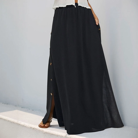 Gonna Maxi Nera Tinta Unita Casual da Donna Con Bottoni Laterali Tasche Vita Alta Elastica Spacco Gonna Lunga Elegante
