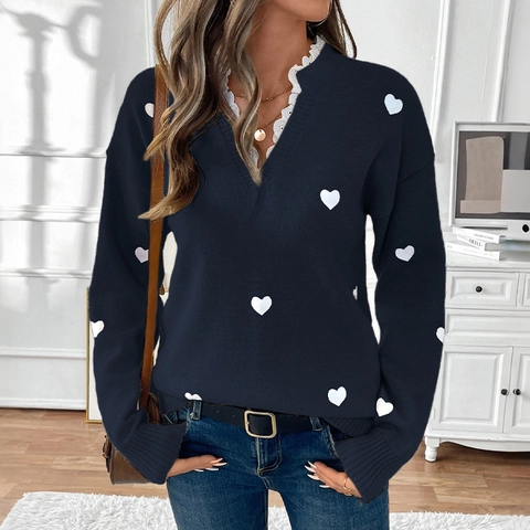 Femmes Col en V Pull Cœur Patchwork de Dentelle Manches Longues Tricoté Pullover Haut Décontracté Doux Automne Hiver Chaud Jumper pour Dame