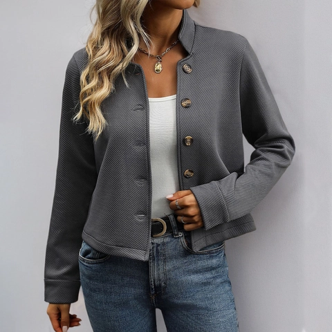 Giacca da Donna Casual Grigio Scuro Collo alla Coreana Testurizzata Monopetto Manica Lunga Cappotto Corto Autunno