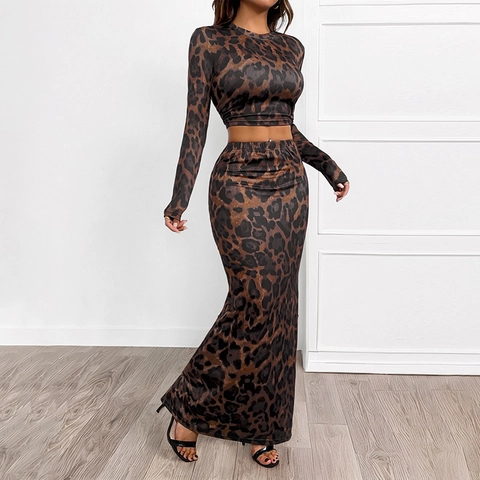 Completo Due Pezzi da Donna con Stampa Leopardata Sexy Girocollo Manica Lunga Crop Top e Gonna Maxi Aderente Spacco Vita Alta