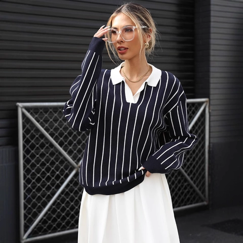 Maglione da Donna in Maglia a Righe Verticali con Colletto Polo Manica Lunga Ampio Colletto a Contrasto Moda Autunno Streetwear
