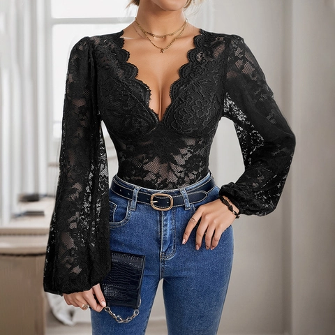 Bodysuit Femme Élégant Sexy Col en V en Dentelle Manches Longues Noir Floral Transparent Ajouré Patchwork Coupe Ajustée Top
