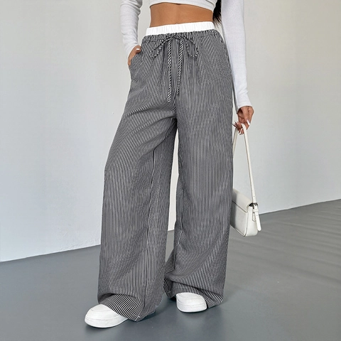 Pantaloni a Gamba Larga a Righe da Donna a Vita Alta Coulisse Pantaloni Larghi Morbidi Traspiranti a Righe Verticali Casual