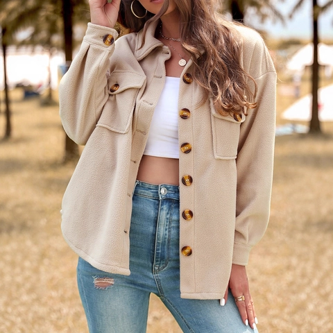 Women Casual Polar Fleece Shacket Button Down Loose Pocket Lapel Jacket Solid Color Autumn Winter Warm Coat Top