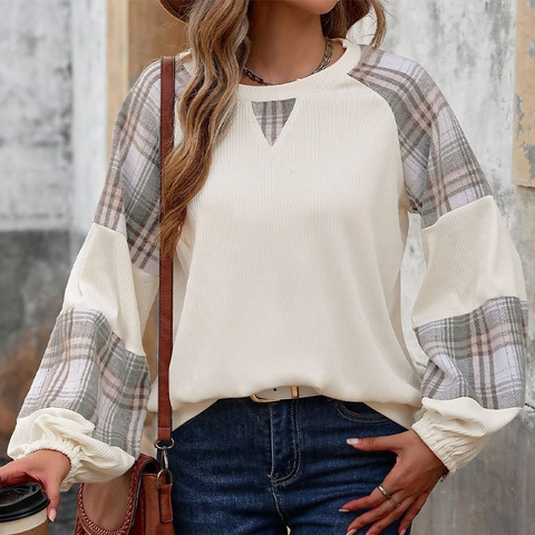Felpa Casual da Donna Patchwork a Quadri Girocollo a Contrasto Maniche Lunghe a Lanterna Pullover in Maglia a Coste Autunno