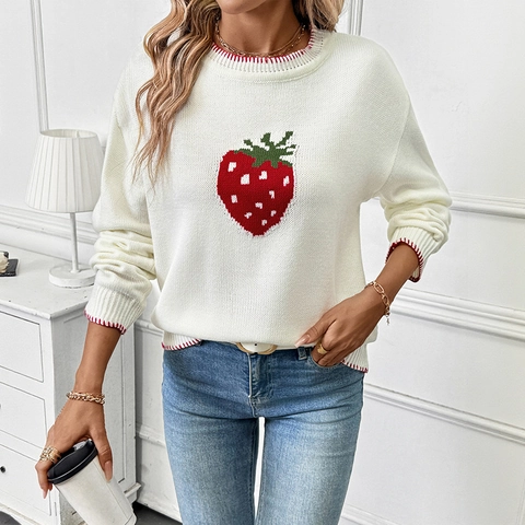 Pull en Tricot Jacquard Fraise pour Femmes Col Rond Côtelé Contrasté Manches Longues Pullover Crème
