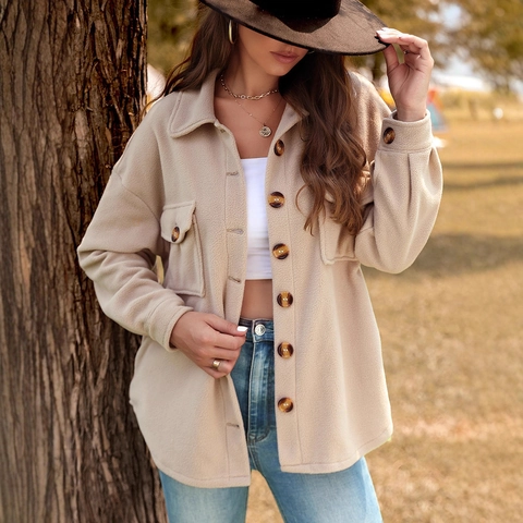 Women Casual Polar Fleece Shacket Button Down Loose Pocket Lapel Jacket Solid Color Autumn Winter Warm Coat Top