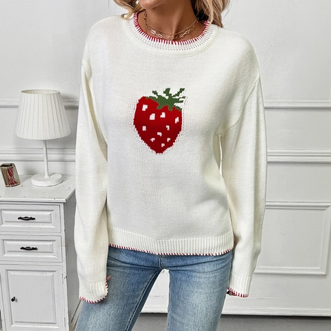 Pull en Tricot Jacquard Fraise pour Femmes Col Rond Côtelé Contrasté Manches Longues Pullover Crème