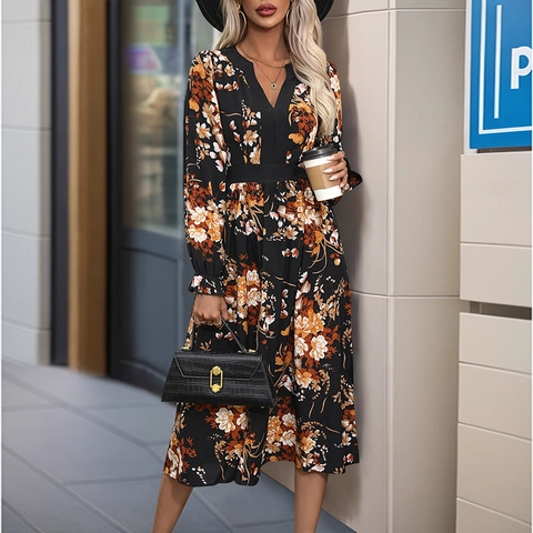 Abito Midi da Donna Elegante con Stampa Floreale Scollo a V Autunno Manica Lunga Polsino con Volant Vita Alta Linea A