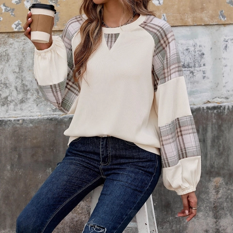 Sweat-shirt Femme Décontracté en Maille Gauffrée Patchwork à Carreaux Manches Longues Col Rond Pull-over Manches Lanterne