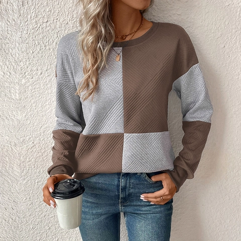 Felpa da Donna Casual a Maniche Lunghe Color Block Pullover Girocollo Testurizzato Top in Maglia Patchwork Moda Autunnale