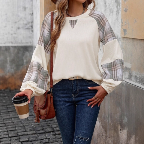 Sweat-shirt Femme Décontracté en Maille Gauffrée Patchwork à Carreaux Manches Longues Col Rond Pull-over Manches Lanterne