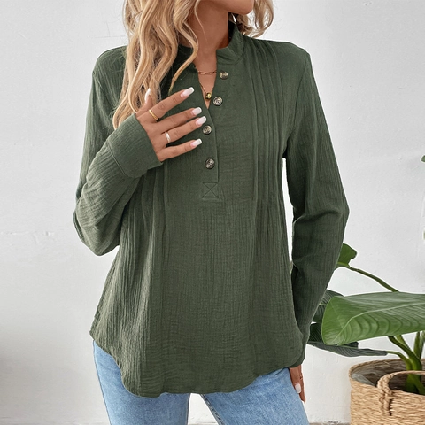 Blusa Casual de Algodón para Mujer Manga Larga Cuello en V Túnica Plisada Con Botones Color Sólido Camisa Pullover de Ajuste Holgado