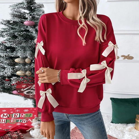 Women Sweet Bow Decoration Sweatshirt Long Sleeve Round Neck Polyester Pullover Casual Christmas Party Loose Fit Tops