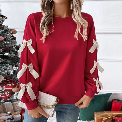 Women Sweet Bow Decoration Sweatshirt Long Sleeve Round Neck Polyester Pullover Casual Christmas Party Loose Fit Tops