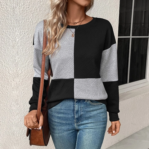 Women Casual Textured Color-block Sweatshirt Polyester Spandex Patchwork Round Neck Long Sleeve Pullover Autumn Winter Top