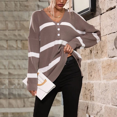 Women V Neck Striped Knit Sweater Loose Casual Long Sleeve Button Front Pullover Knitwear Top With Side Slit