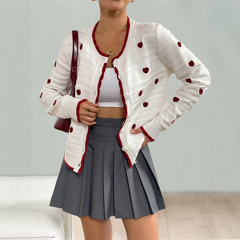 Women Sweet Heart Pattern Jacquard Knit Cardigan Round Neck Long Sleeve Button Up Contrast Trim Sweater Outerwear Top