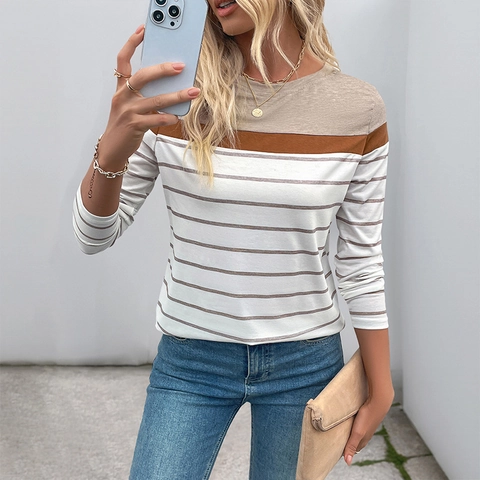 Maglietta da Donna Casual Vintage a Righe a Manica Lunga Patchwork Girocollo Slim Fit Khaki Color Block Primavera Autunno Top