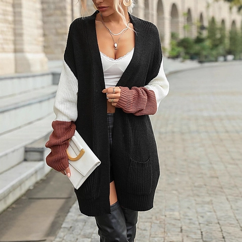 Dames Casual Kleurblok Gebreid Vest Contrast Lange Mouwen Ruime Halflange Trui Bovenkleding Met Zakken