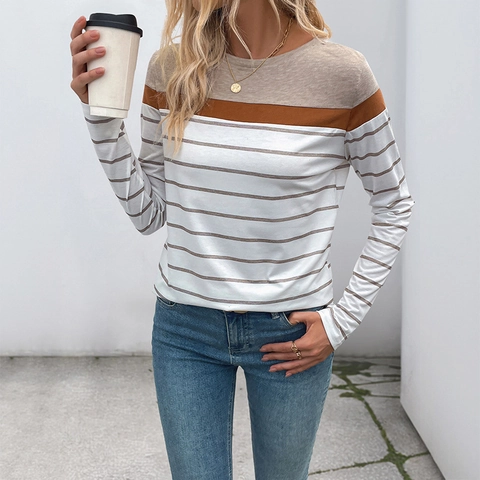 Maglietta da Donna Casual Vintage a Righe a Manica Lunga Patchwork Girocollo Slim Fit Khaki Color Block Primavera Autunno Top