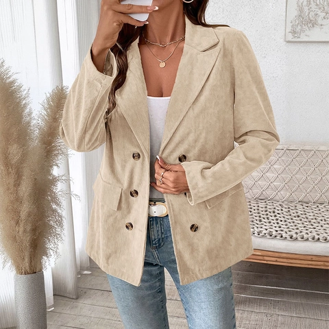 Dames Casual Corduroy Blazer Vintage Double Breasted Middellang Pakjas Lange Mouw Effen Kleur Revers Bovenkleding