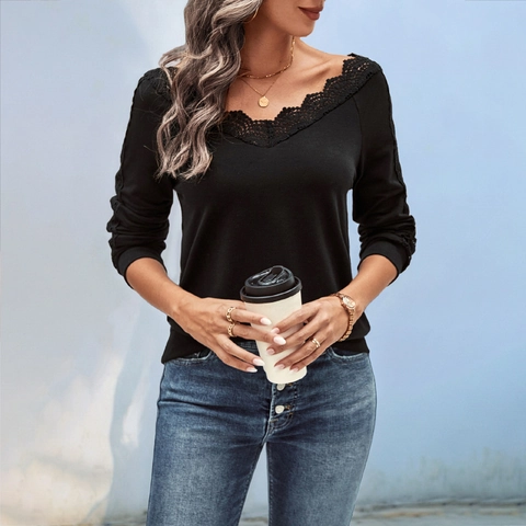 Women Elegant V Neck Lace Patchwork Long Sleeve Top Casual Solid Color T-Shirt A-Line Knit Pullover Blouse For Daily Work